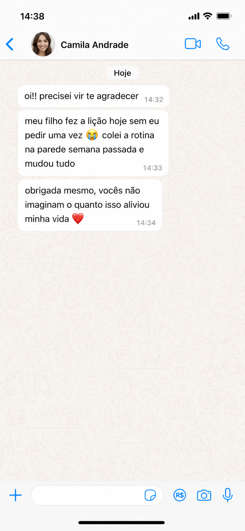 Print de conversa no WhatsApp: Camila Andrade agradecendo