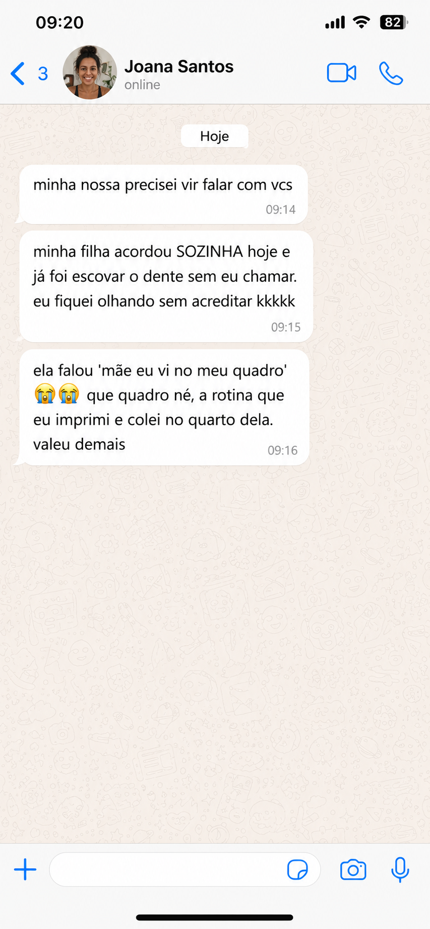 Print de conversa no WhatsApp: Joana Santos contando o resultado