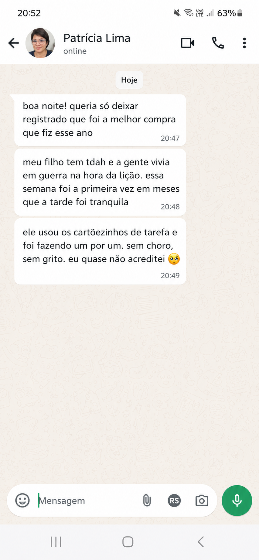 Print de conversa no WhatsApp: Patrícia Lima sobre o filho com TDAH