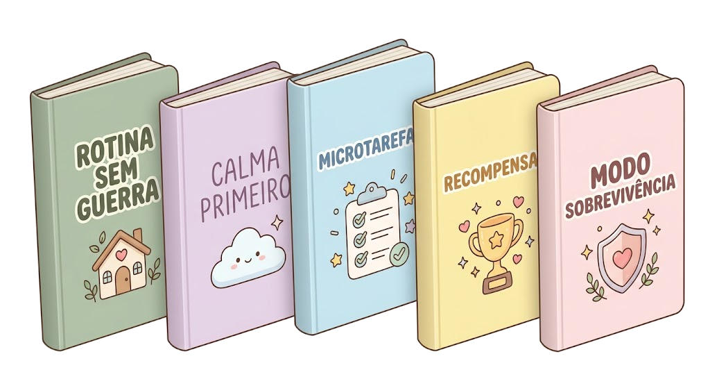 Os 5 módulos do Rotina Sem Guerra: Rotina Sem Guerra, Calma Primeiro, Microtarefas, Recompensas e Modo Sobrevivência — capas impressas em pé.